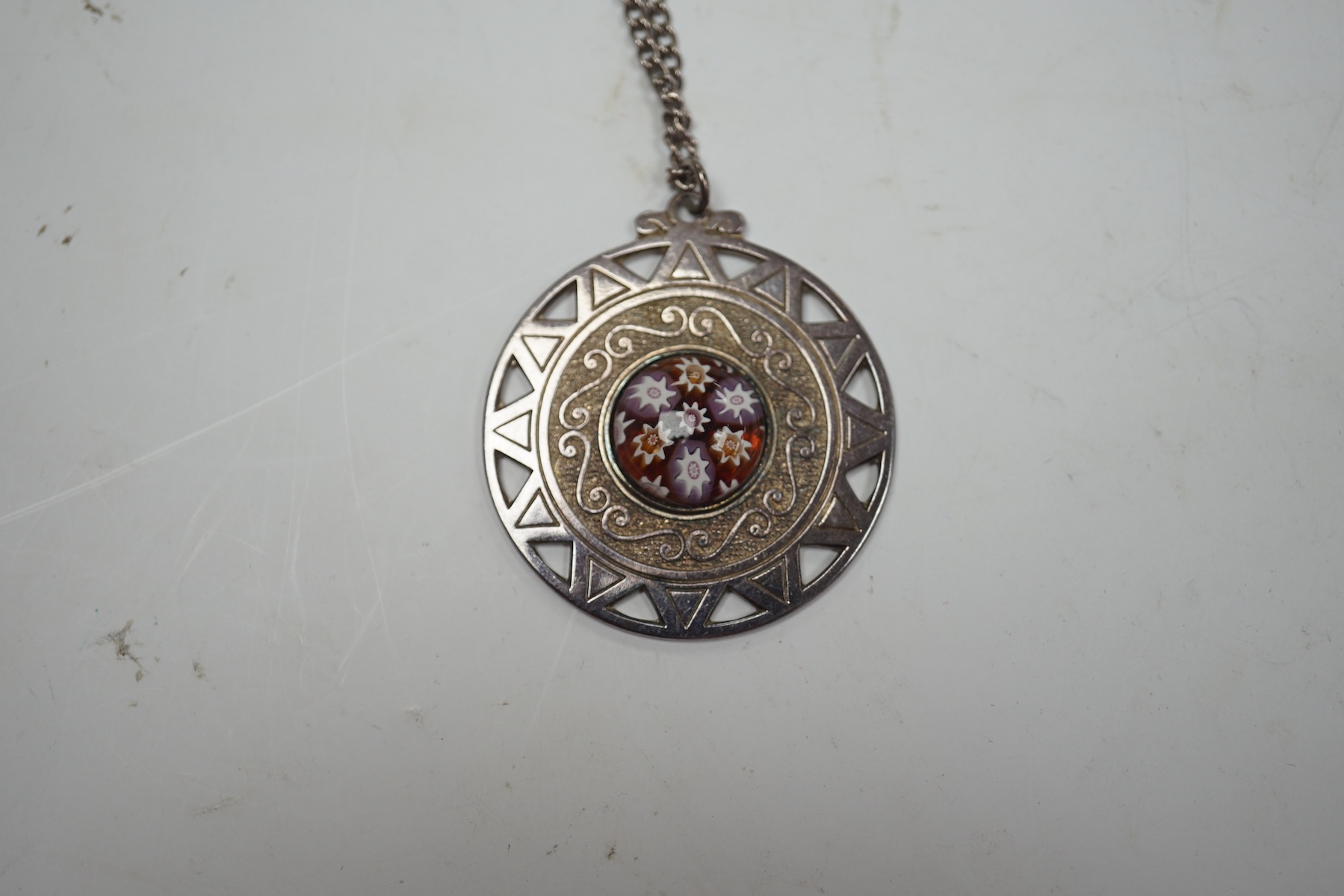 Two modern Caithness silver brooches/pendants, 39mm and 38mm and a silver cloak pin. Condition - good